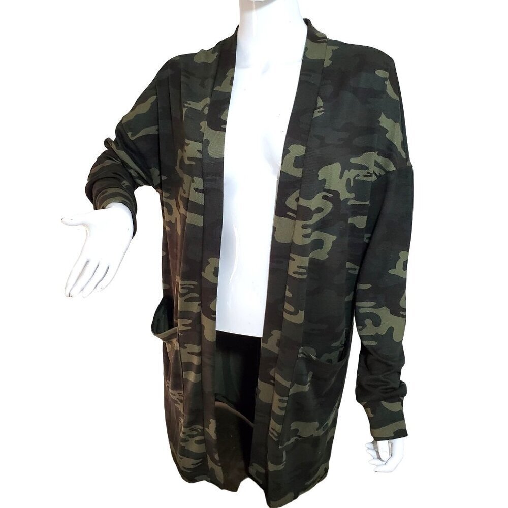 Sanctuary Open Cardigan Wrap Sz S Green Camo Knit Shawl Collar Long Sleeve NWT